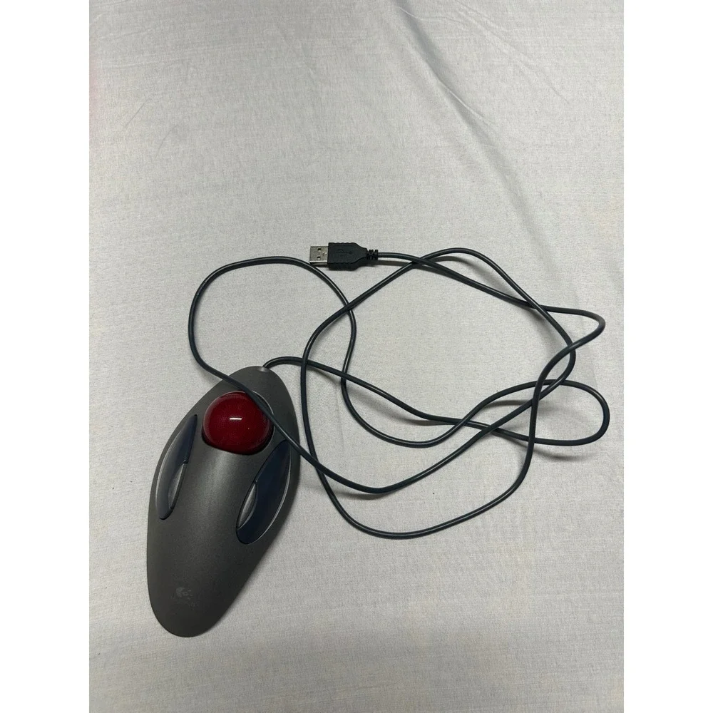 Logitech Marble Mouse USB Wired Trackball T-BC21 Ambidextrous Gray Red Ball
